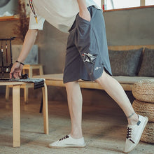 Load image into Gallery viewer, Crane Embroidery Cotton Beach Pants Loose Pants Chinese Style Shorts
