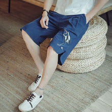 Load image into Gallery viewer, Crane Embroidery Cotton Beach Pants Loose Pants Chinese Style Shorts
