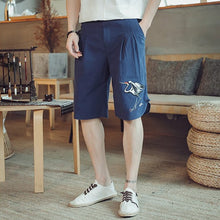 Load image into Gallery viewer, Crane Embroidery Cotton Beach Pants Loose Pants Chinese Style Shorts
