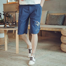 Load image into Gallery viewer, Crane Embroidery Cotton Beach Pants Loose Pants Chinese Style Shorts
