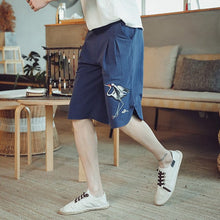 Load image into Gallery viewer, Crane Embroidery Cotton Beach Pants Loose Pants Chinese Style Shorts
