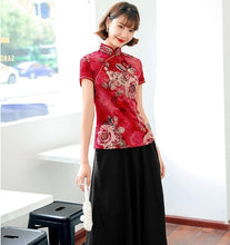 Load image into Gallery viewer, Peony Pattern Short Sleeve Silk Cheongsam Top Chic Chinese Shirt

