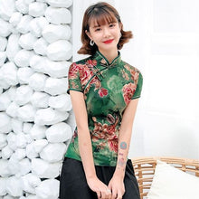 Load image into Gallery viewer, Peony Pattern Short Sleeve Silk Cheongsam Top Chic Chinese Shirt
