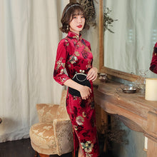 Load image into Gallery viewer, 3/4 Sleeve Knee Length Floral Velvet Traditional Cheongsam Chinese Dress
