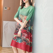 Load image into Gallery viewer, Round Neck Half Sleeve Folded Floral Chinese Style Casual Dress
