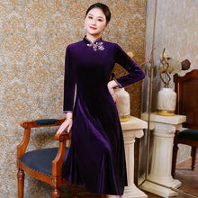 Load image into Gallery viewer, Long Sleeve Pleuche Tea Length Chinese Style Mother Dress
