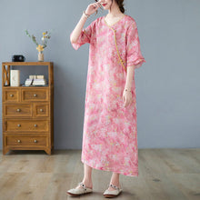 Load image into Gallery viewer, Round Neck Ruffle Sleeve Floral Ramie Fabric Chinese Style Casual Dress

