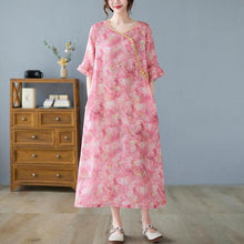 Load image into Gallery viewer, Round Neck Ruffle Sleeve Floral Ramie Fabric Chinese Style Casual Dress
