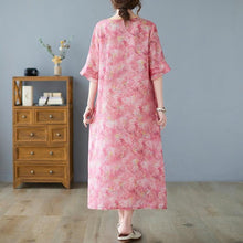 Load image into Gallery viewer, Round Neck Ruffle Sleeve Floral Ramie Fabric Chinese Style Casual Dress
