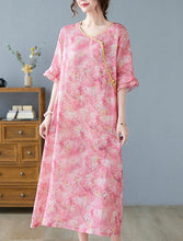 Load image into Gallery viewer, Round Neck Ruffle Sleeve Floral Ramie Fabric Chinese Style Casual Dress
