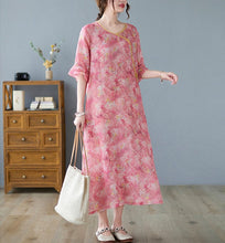 Load image into Gallery viewer, Round Neck Ruffle Sleeve Floral Ramie Fabric Chinese Style Casual Dress
