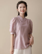 Load image into Gallery viewer, Puff Sleeve Floral Embroidery Silk &amp; Cotton Cheongsam Top Chinese Blouse
