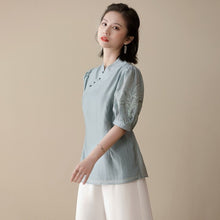 Load image into Gallery viewer, Puff Sleeve Floral Embroidery Silk &amp; Cotton Cheongsam Top Chinese Blouse
