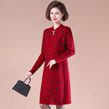 Load image into Gallery viewer, Key Hole Neck Long Sleeve Knee Length A-line Floral Knit Dress
