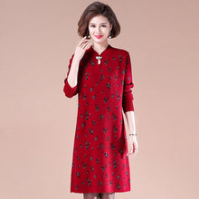 Load image into Gallery viewer, Key Hole Neck Long Sleeve Knee Length A-line Floral Knit Dress
