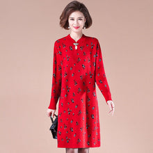 Load image into Gallery viewer, Key Hole Neck Long Sleeve Knee Length A-line Floral Knit Dress
