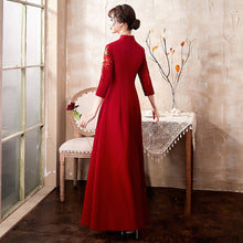 Load image into Gallery viewer, Floral Embroidery 3/4 Sleeve Open Front Velvet Oriental Evening Dress
