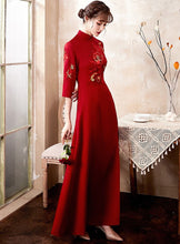 Load image into Gallery viewer, Floral Embroidery 3/4 Sleeve Open Front Velvet Oriental Evening Dress
