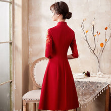 Load image into Gallery viewer, Floral Embroidery Half Sleeve Knee Length Velvet Oriental Evening Dress
