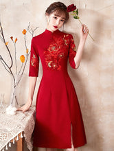 Load image into Gallery viewer, Floral Embroidery Half Sleeve Knee Length Velvet Oriental Evening Dress
