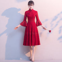 Load image into Gallery viewer, Floral Lace Trumpet Sleeve Tea Length Oriental Evening Dress
