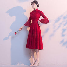 Load image into Gallery viewer, Floral Lace Trumpet Sleeve Tea Length Oriental Evening Dress
