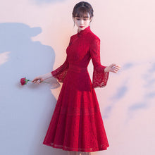 Load image into Gallery viewer, Floral Lace Trumpet Sleeve Tea Length Oriental Evening Dress
