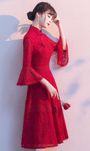 Load image into Gallery viewer, Floral Lace Trumpet Sleeve Tea Length Oriental Evening Dress
