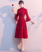 Load image into Gallery viewer, Floral Lace Trumpet Sleeve Tea Length Oriental Evening Dress
