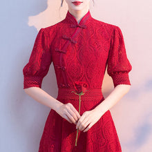 Load image into Gallery viewer, Mandarin Collar Puff Sleeve Floral Lace Knee Length Oriental Evening Dress
