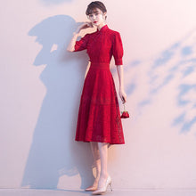 Load image into Gallery viewer, Mandarin Collar Puff Sleeve Floral Lace Knee Length Oriental Evening Dress
