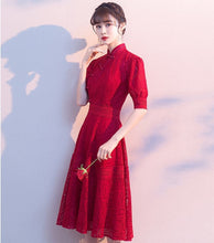 Load image into Gallery viewer, Mandarin Collar Puff Sleeve Floral Lace Knee Length Oriental Evening Dress
