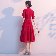 Load image into Gallery viewer, Mandarin Collar Puff Sleeve Floral Lace Knee Length Oriental Evening Dress
