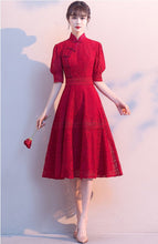 Load image into Gallery viewer, Mandarin Collar Puff Sleeve Floral Lace Knee Length Oriental Evening Dress
