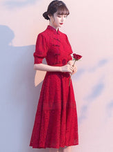 Load image into Gallery viewer, Mandarin Collar Puff Sleeve Floral Lace Knee Length Oriental Evening Dress
