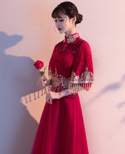 Load image into Gallery viewer, Floral Lace Trumpet Sleeve Tea Length Oriental Evening Dress with Tulle Skirt
