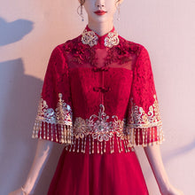 Load image into Gallery viewer, Floral Lace Trumpet Sleeve Tea Length Oriental Evening Dress with Tulle Skirt
