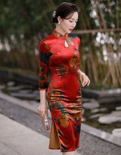 Load image into Gallery viewer, 3/4 Sleeve Knee Length Traditional Cheongsam Floral Velvet Chinese Dress
