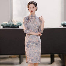 Load image into Gallery viewer, 3/4 Sleeve Knee Length Traditional Cheongsam Floral Suede Chinese Dress
