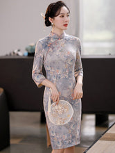 Load image into Gallery viewer, 3/4 Sleeve Knee Length Traditional Cheongsam Floral Suede Chinese Dress
