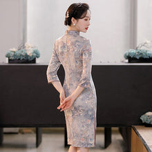 Load image into Gallery viewer, 3/4 Sleeve Knee Length Traditional Cheongsam Floral Suede Chinese Dress
