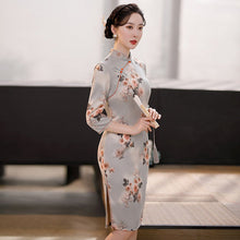 Load image into Gallery viewer, 3/4 Sleeve Knee Length Traditional Cheongsam Floral Suede Chinese Dress
