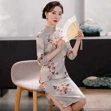 Load image into Gallery viewer, 3/4 Sleeve Knee Length Traditional Cheongsam Floral Suede Chinese Dress
