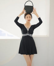 Load image into Gallery viewer, V Neck Long Sleeve Conservative Swimsuit with Lace Edge
