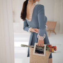 Load image into Gallery viewer, V Neck Long Sleeve Conservative Swimsuit with Lace Edge

