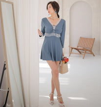 Load image into Gallery viewer, V Neck Long Sleeve Conservative Swimsuit with Lace Edge
