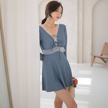 Load image into Gallery viewer, V Neck Long Sleeve Conservative Swimsuit with Lace Edge
