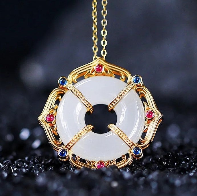 Peace Buckle Designed White Jade Pendant Gilding Necklace