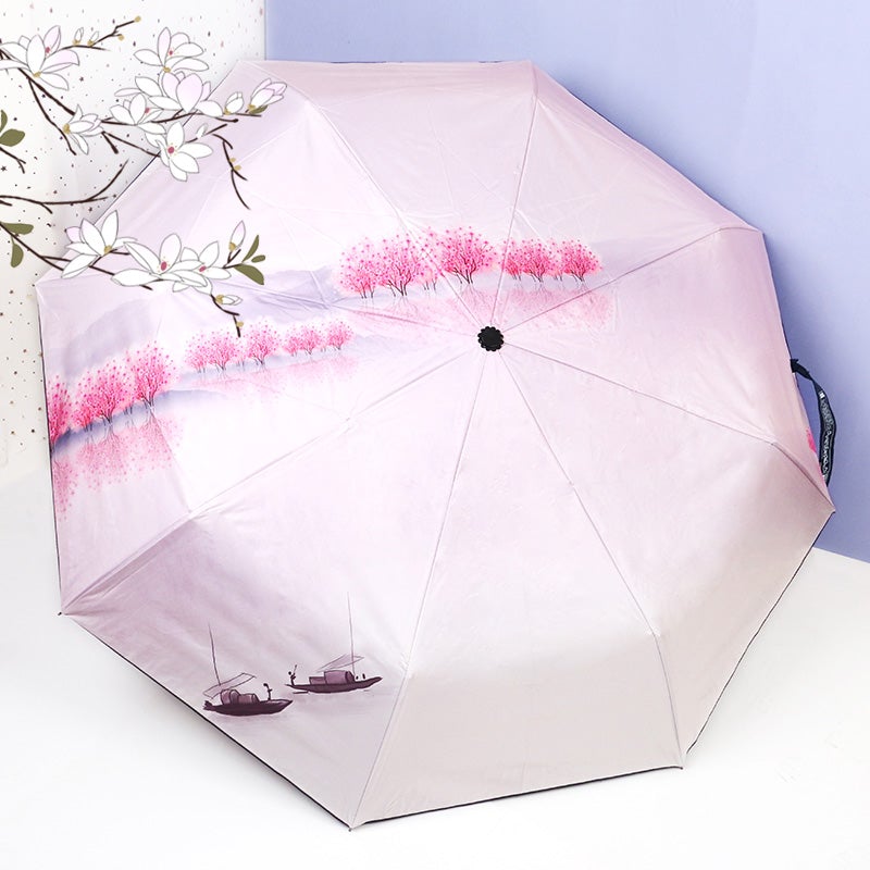 Peach Island Chinese Ink Painting Oriental Folding Umbrella